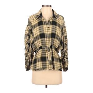 Free People‎ Long Sleeve Button Up Shirt Size XS Black Tan Plaid Cinch Waist NEW